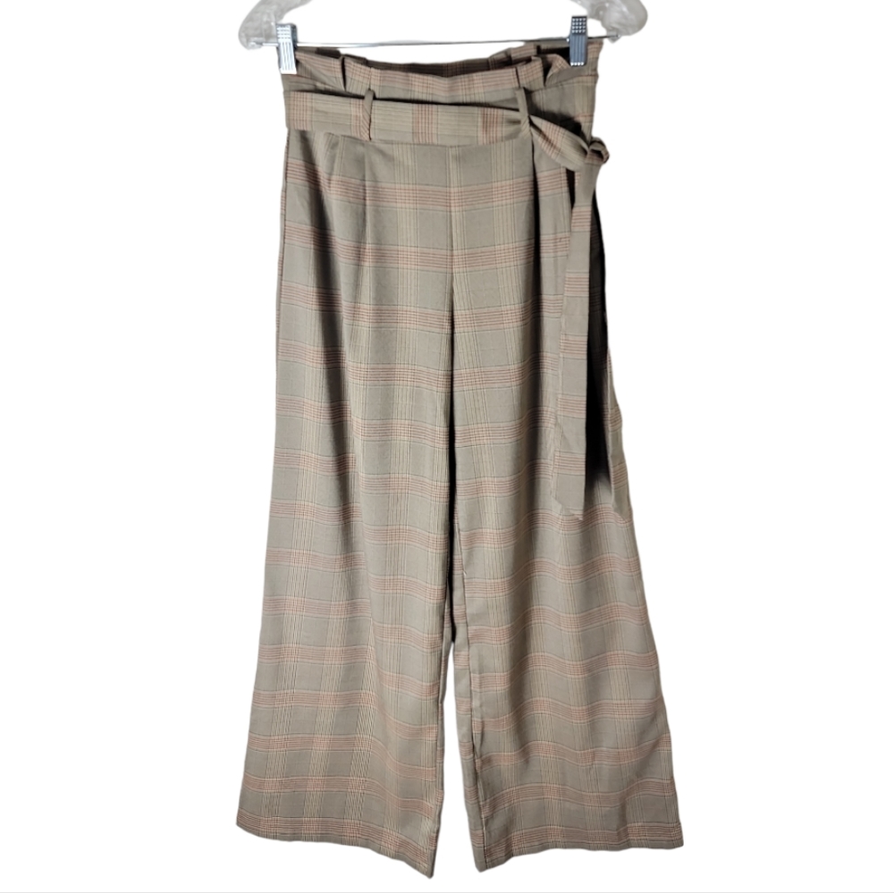 Forever 21 paperbag waist plaid wide leg pants medium belted high rise Trouser